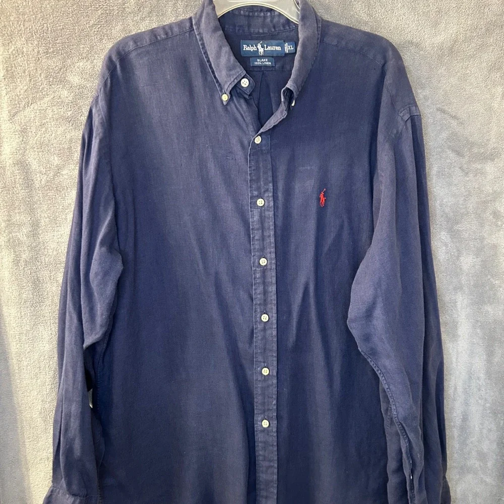 Ralph Lauren 100% Linen Blake Shirt Mens XL Navy Slub Long Sleeve Button Down